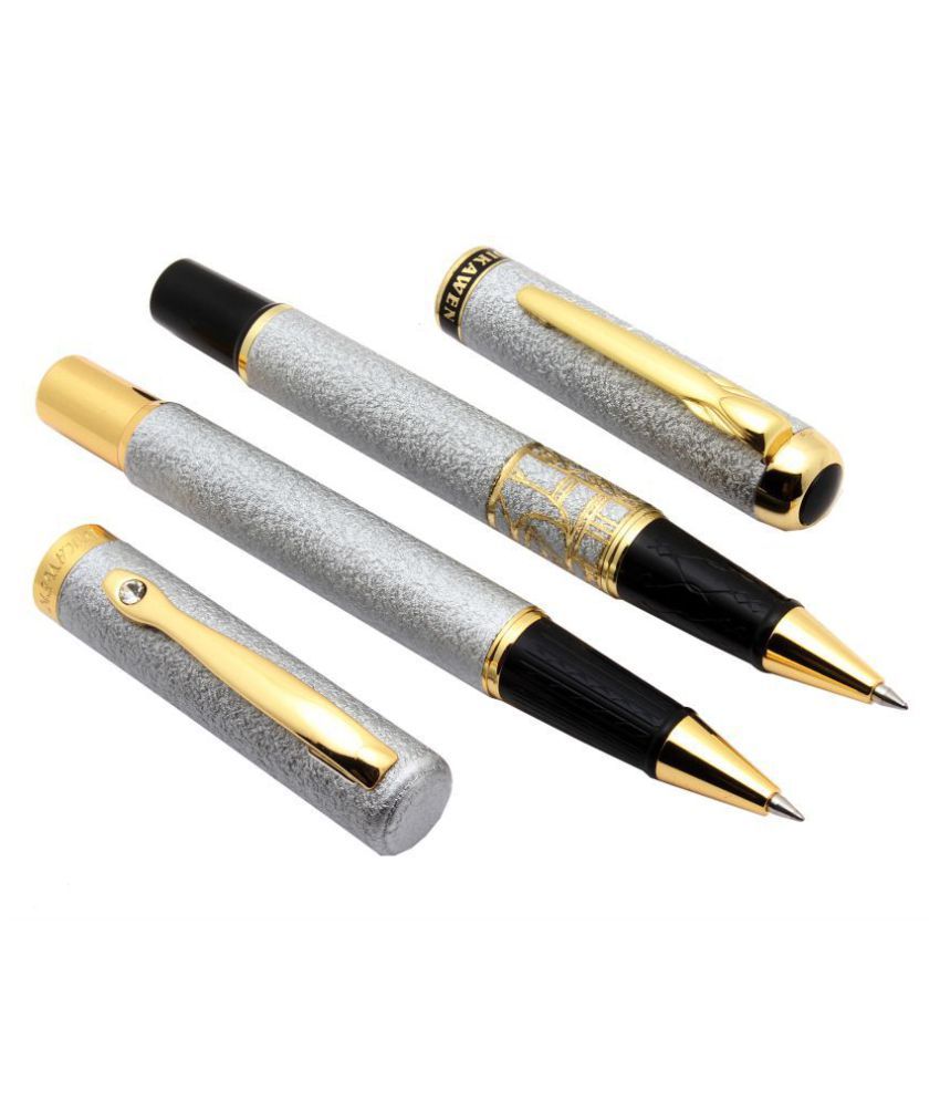     			Combo Dikawen Royal Shimmery Sand & Diamond clip Roller Ball Pen Golden Trims Pack Of 2