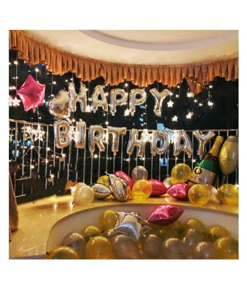     			Happy Birthday Letter Foil Balloon Set of (Silver) + Pack of 30 Metallic Balloons (Gold and Silver) with Multipurpose Ribbon 1pc
