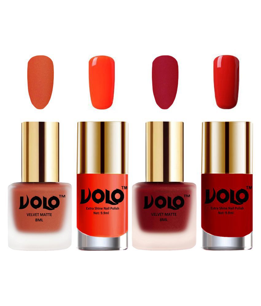     			VOLO Extra Shine AND Dull Velvet Matte Nail Polish Orange,Red,Coral, Orange Glossy Pack of 4 36 mL