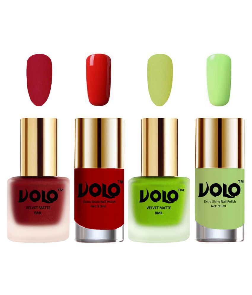     			VOLO Extra Shine AND Dull Velvet Matte Nail Polish Red,Green,Orange, Green Matte Pack of 4 36 mL
