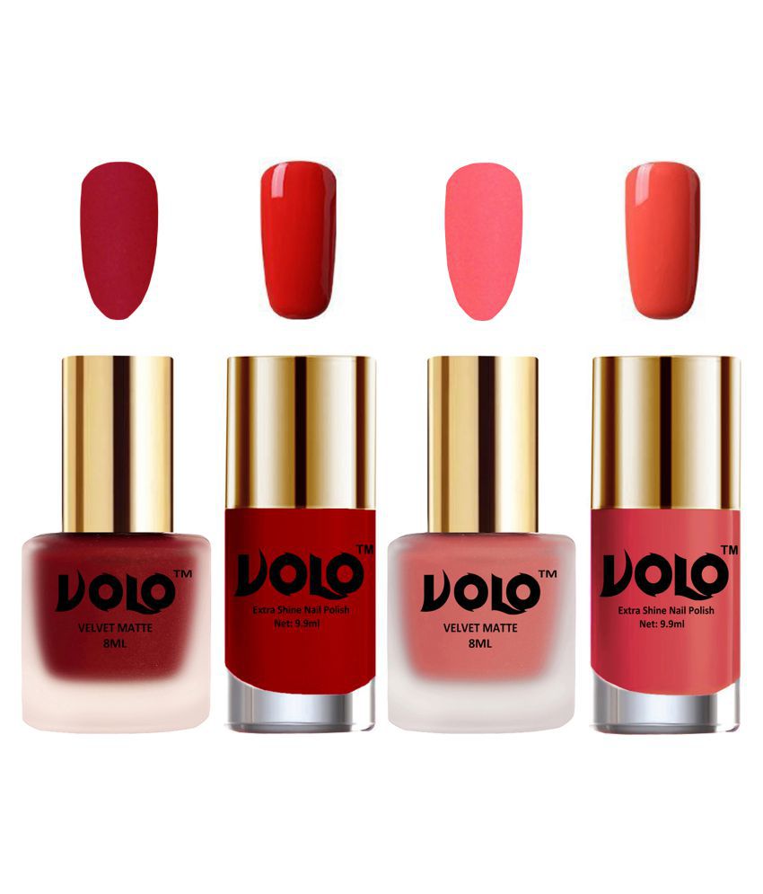     			VOLO Extra Shine AND Dull Velvet Matte Nail Polish Red,Peach,Orange, Coral Matte Pack of 4 36 mL