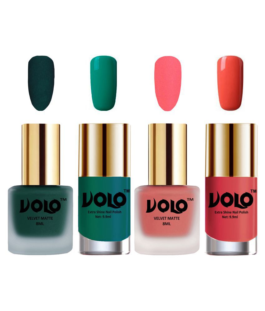     			VOLO Extra Shine AND Dull Velvet Matte Nail Polish Green,Peach,Green, Coral Matte Pack of 4 36 mL