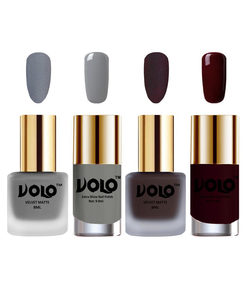    			VOLO Extra Shine AND Dull Velvet Matte Nail Polish Grey,Coffee,Grey, Maroon Glossy Pack of 4 36 mL