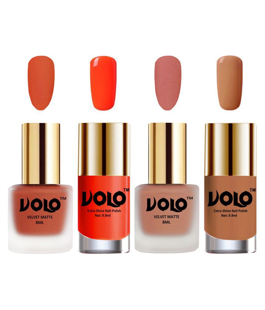     			VOLO Extra Shine AND Dull Velvet Matte Nail Polish Orange,Peach,Coral, Nude Glossy Pack of 4 36 mL