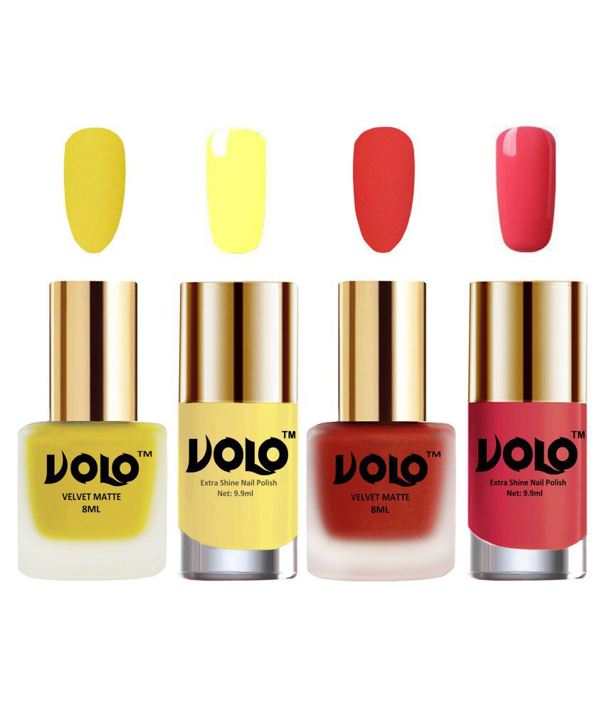     			VOLO Extra Shine AND Dull Velvet Matte Nail Polish Yellow,Coral,Yellow, Pink Glossy Pack of 4 36 mL