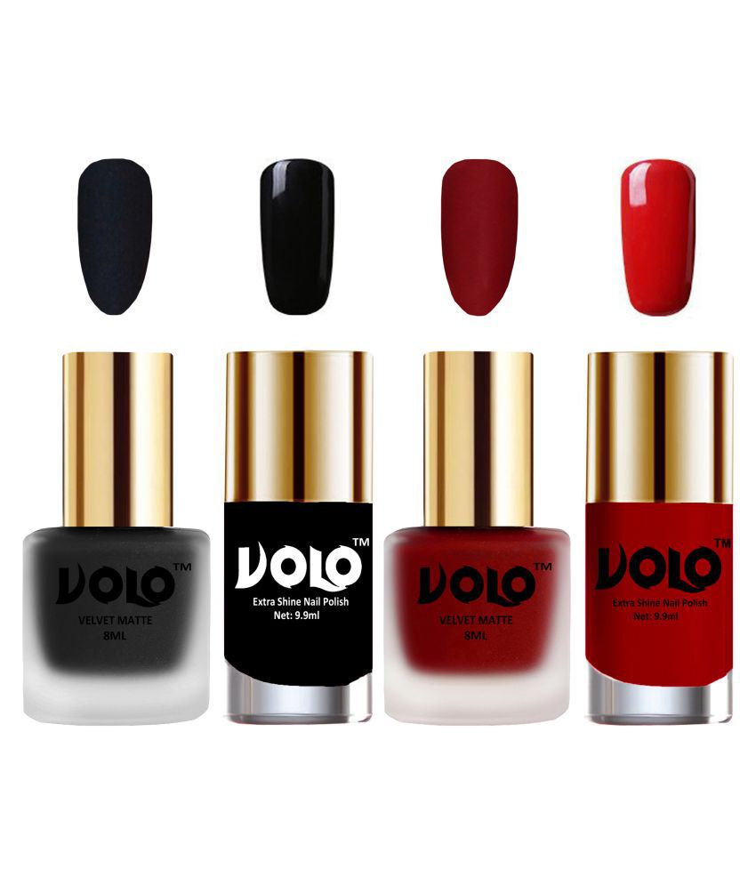     			VOLO Extra Shine AND Dull Velvet Matte Nail Polish Black,Red,Black, Red Matte Pack of 4 36 mL