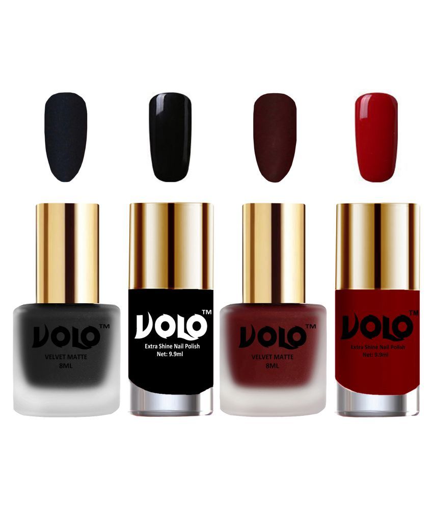     			VOLO Extra Shine AND Dull Velvet Matte Nail Polish Black,Maroon,Black, Red Glossy Pack of 4 36 mL