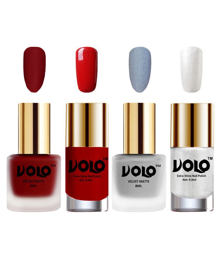     			VOLO Extra Shine AND Dull Velvet Matte Nail Polish Red,Silver,Red, Silver Glossy Pack of 4 36 mL