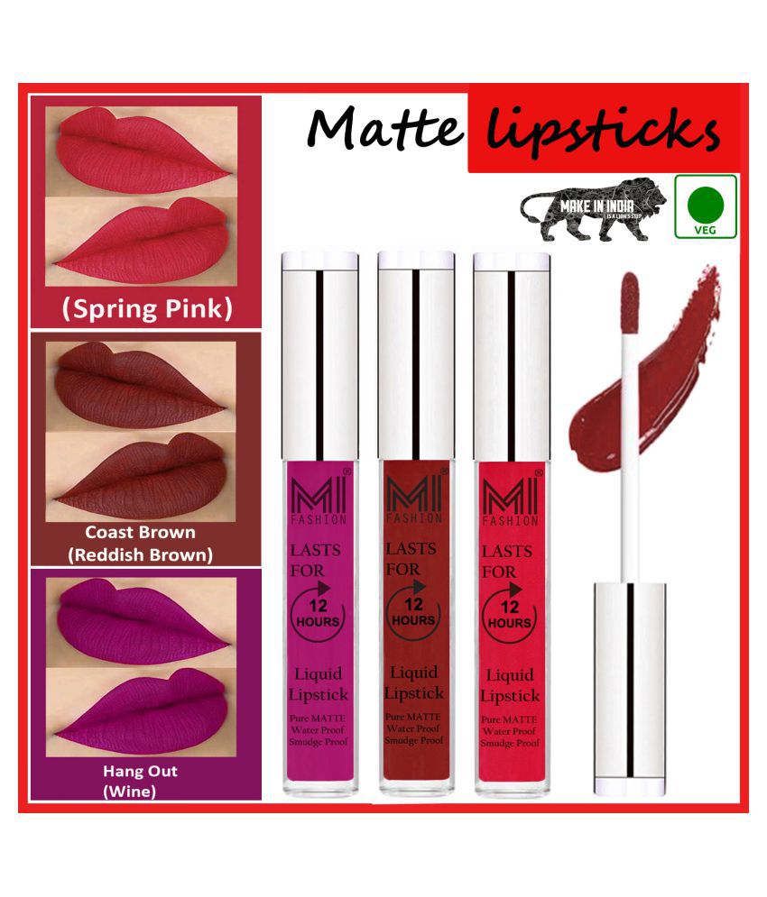     			MI FASHION Long Lasting Matte Veg Lips Liquid Lipstick Red Brown,Pink Wine Pack of 3 9 mL