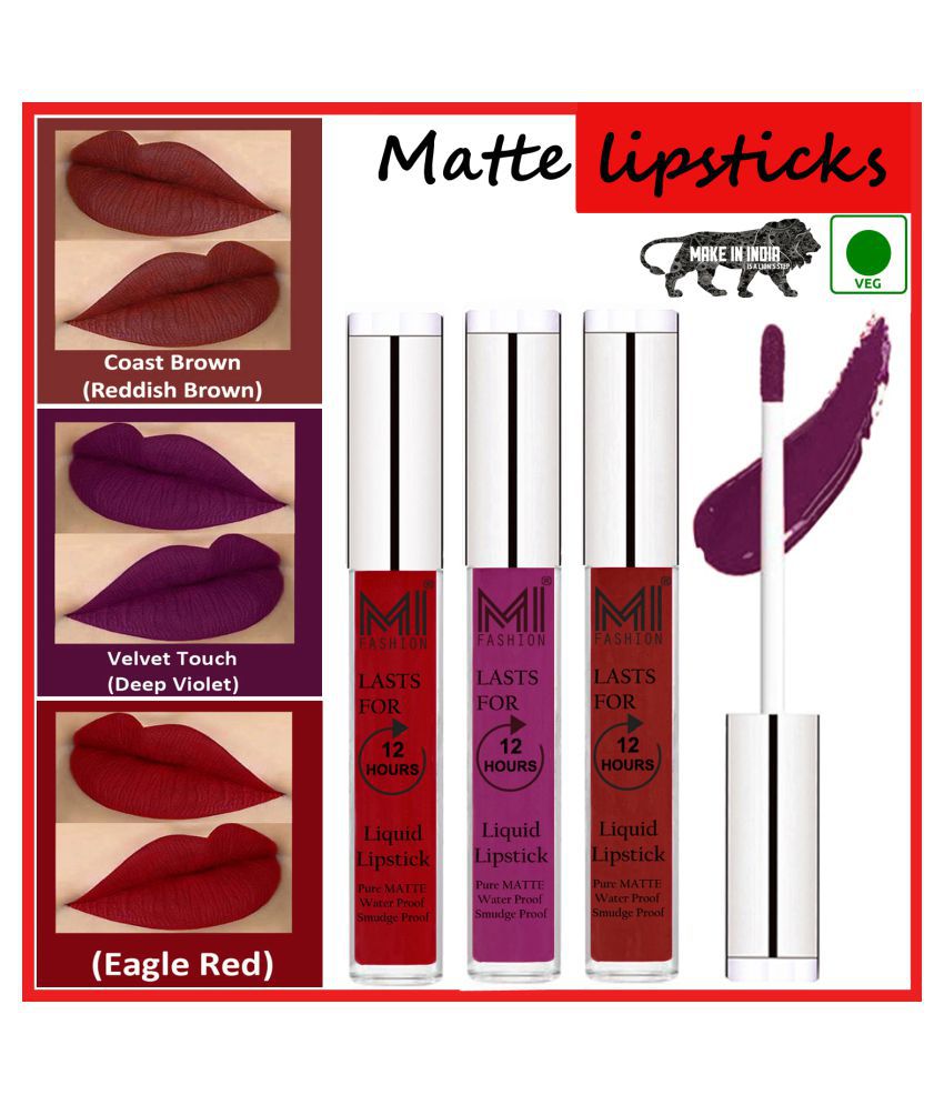     			MI FASHION Long Lasting Matte Veg Lips Liquid Lipstick Violet,Red Brown Red Pack of 3 9 mL