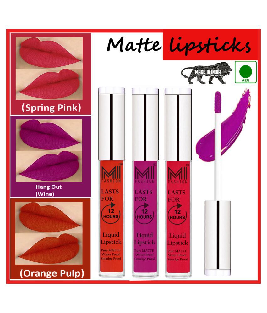     			MI FASHION Long Lasting Matte Veg Lips Liquid Lipstick Wine,Pink Orange Pack of 3 9 mL