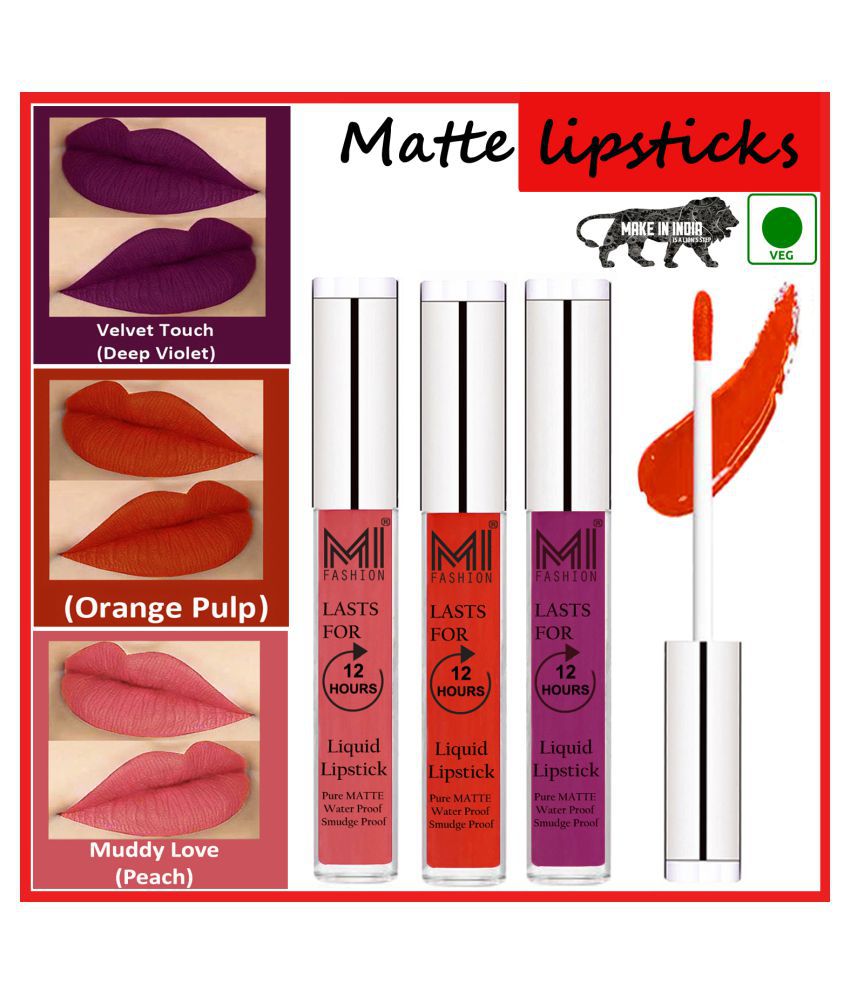     			MI FASHION Long Stay Kiss Proof Matte Lip Liquid Lipstick Orange,Violet Peach Pack of 3 9 mL