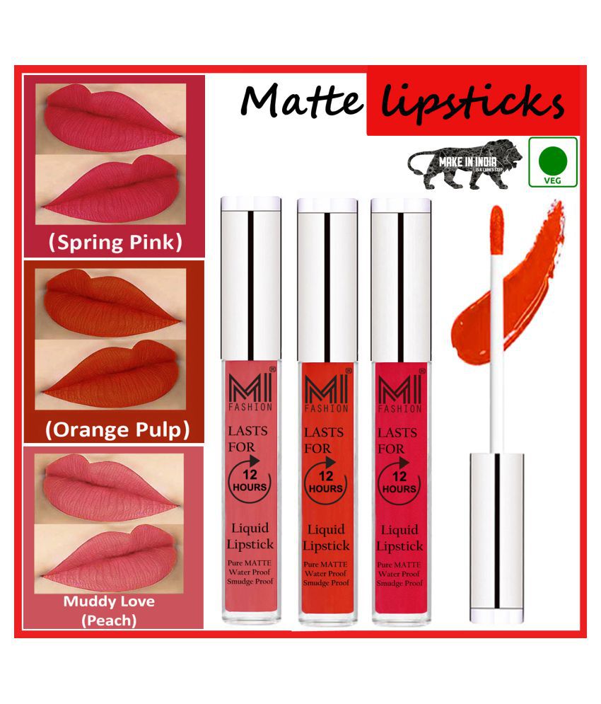     			MI FASHION Long Stay Kiss Proof Matte Lip Liquid Lipstick Orange,Pink Peach Pack of 3 9 mL