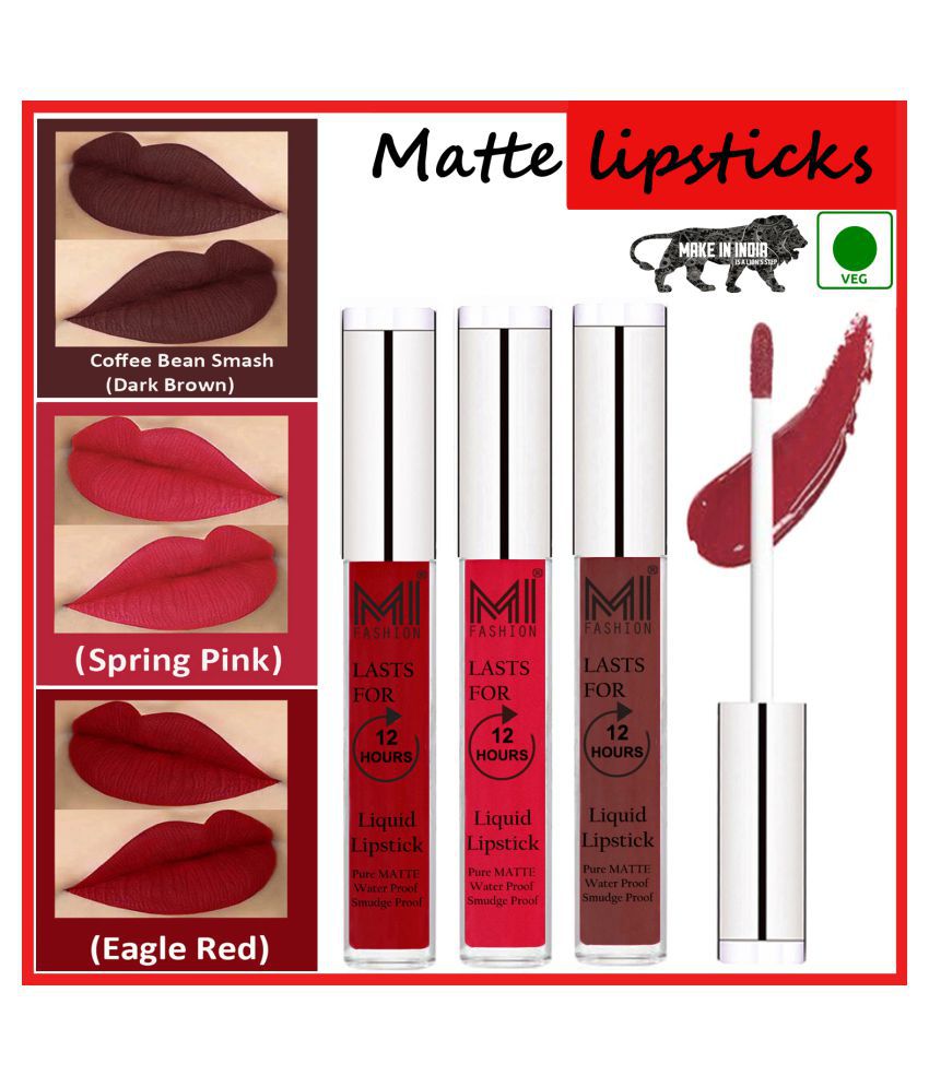     			MI FASHION Long Stay Kiss Proof Matte Lip Liquid Lipstick Pink,Coffee Red Pack of 3 9 mL