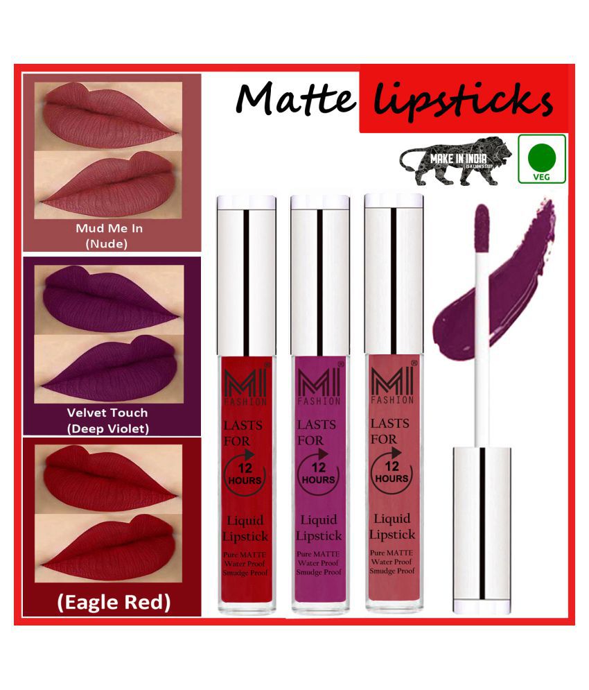     			MI FASHION Long Stay Kiss Proof Matte Lip Liquid Lipstick Violet,Nude Red Pack of 3 9 mL