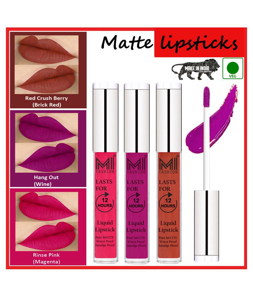     			MI FASHION Long Stay Kiss Proof Matte Lip Liquid Lipstick Wine,Brick Red Pink Pack of 3 9 mL