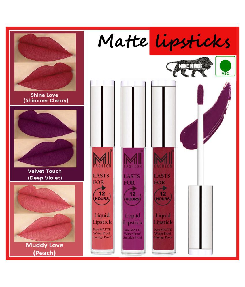     			MI FASHION Long Stay Kiss Proof Matte Lip Liquid Lipstick Violet,Cherry Red Peach Pack of 3 9 mL