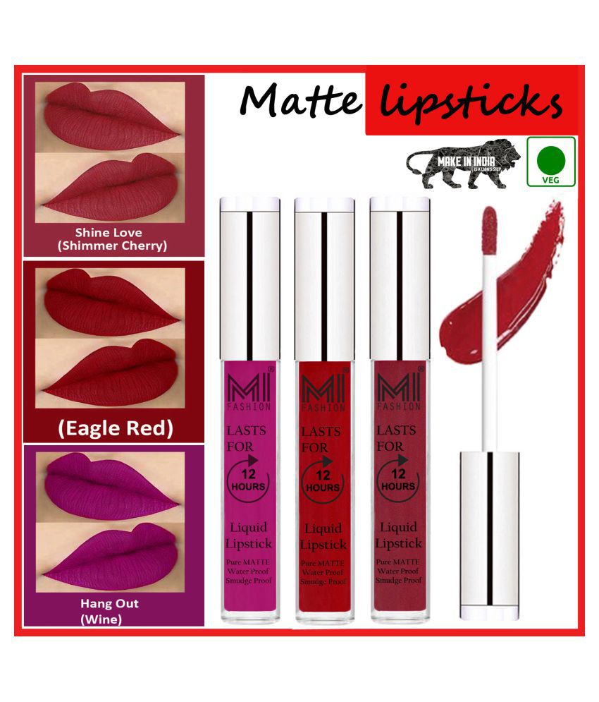     			MI FASHION Long Stay Kiss Proof Matte Lip Liquid Lipstick Red,Cherry Red Wine Pack of 3 9 mL