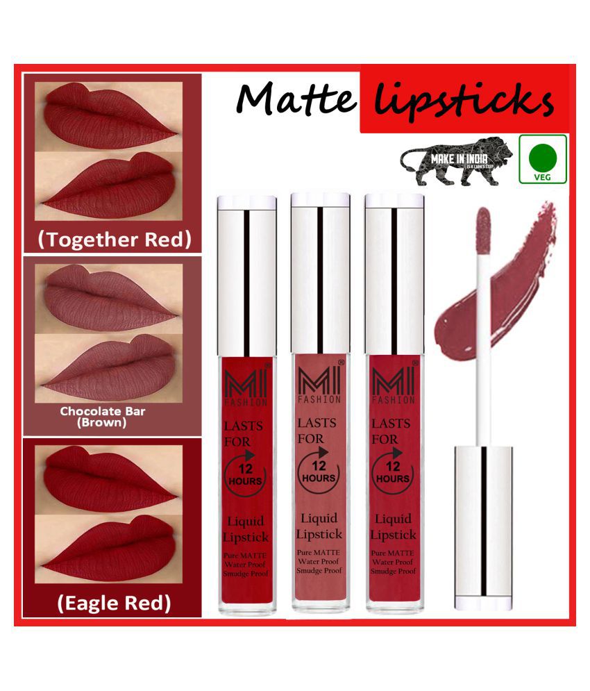     			MI FASHION Long Stay Kiss Proof Matte Lip Liquid Lipstick Brown,Red Red Pack of 3 9 mL