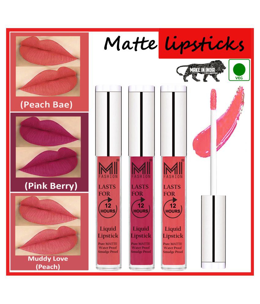     			MI FASHION Long Stay Kiss Proof Matte Lip Liquid Lipstick Peach,Peach Pink Pack of 3 9 mL