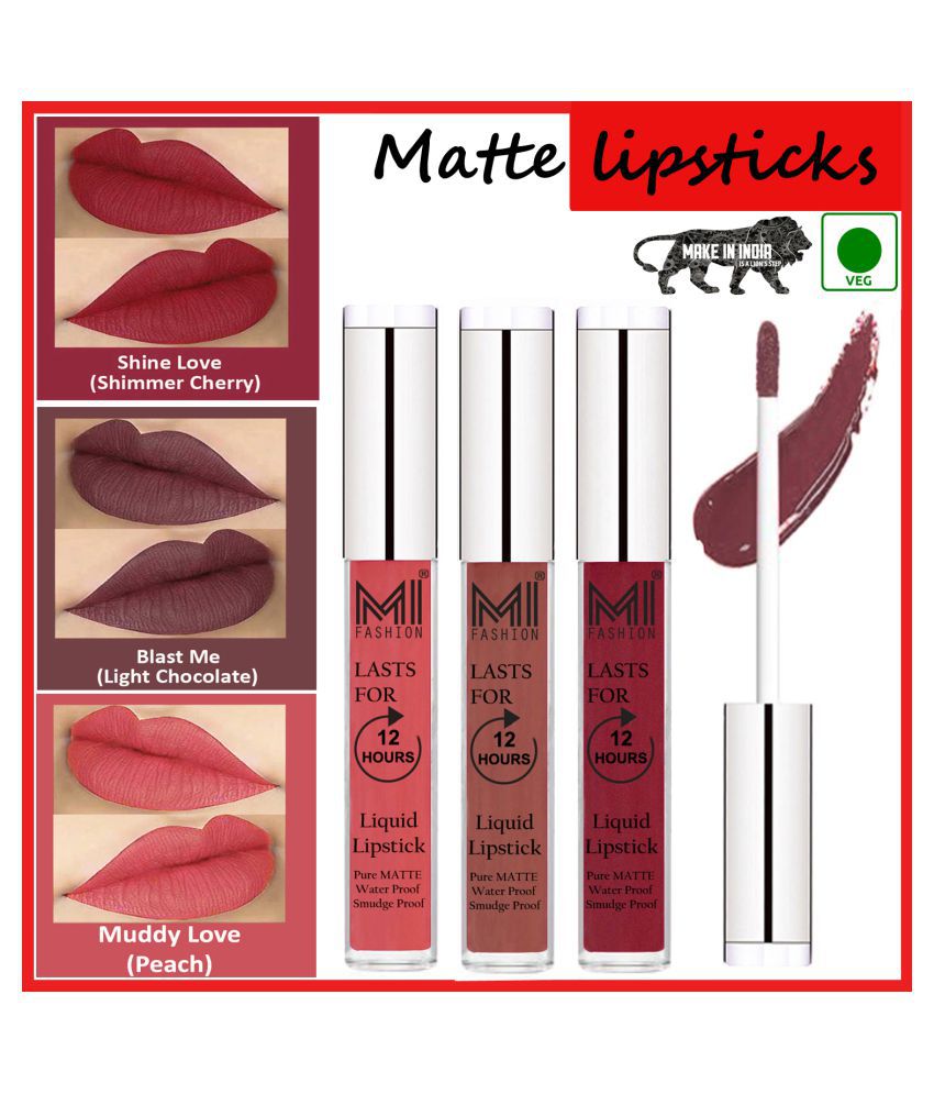     			MI FASHION Long Stay Kiss Proof Matte Lip Liquid Lipstick Chocolate,Cherry Red Peach Pack of 3 9 mL