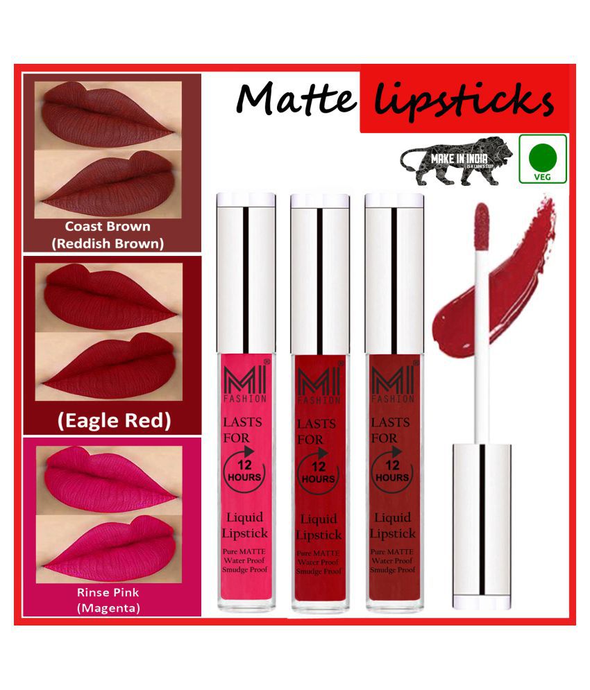     			MI FASHION Long Stay Kiss Proof Matte Lip Liquid Lipstick Red,Reddish Brown Pink Pack of 3 9 mL