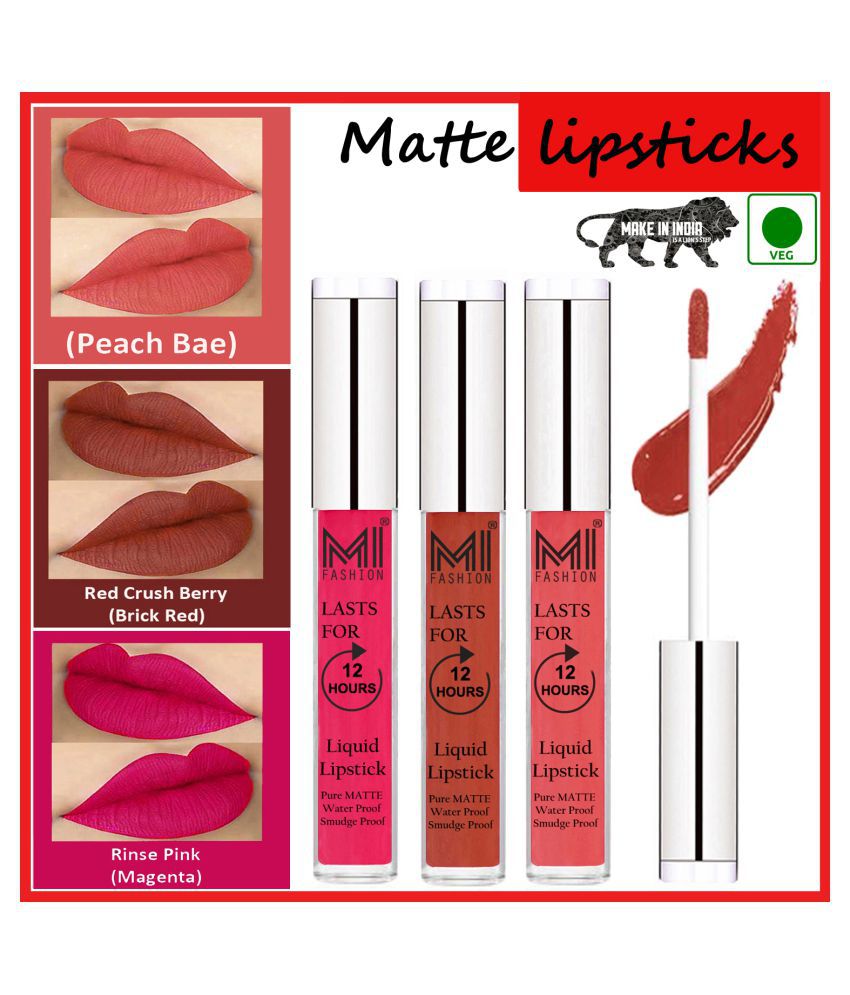     			MI FASHION Long Stay Kiss Proof Matte Lip Liquid Lipstick Brick Red,Peach Ruby Pink Pack of 3 9 mL