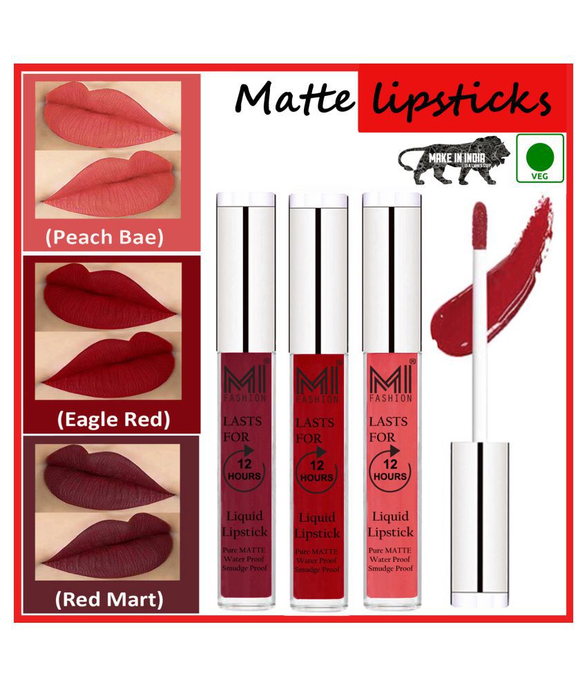     			MI FASHION Long Stay Made in India Matte Liquid Lipstick Red,Peach Red Pack of 3 9 mL