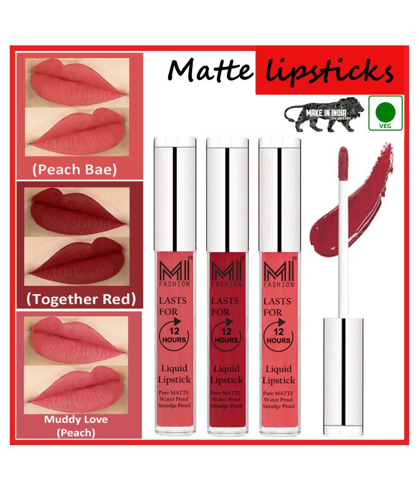     			MI FASHION Long Stay Made in India Matte Liquid Lipstick Red,Peach Peach Pack of 3 9 mL