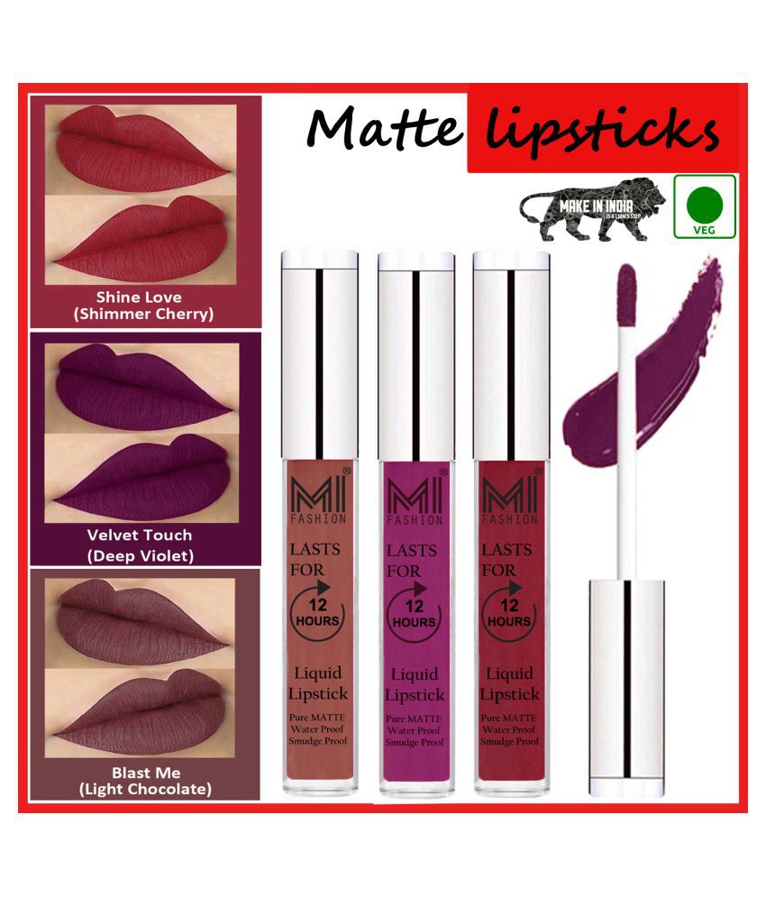     			MI FASHION Long Stay Made in India Matte Liquid Lipstick Violet,Cherry Red Chocolate Pack of 3 9 mL
