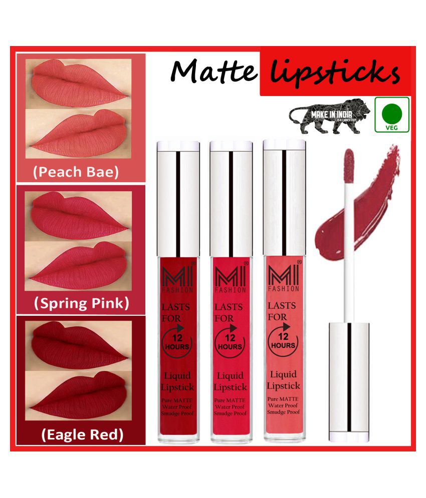     			MI FASHION Long Stay Made in India Matte Liquid Lipstick Pink,Peach Red Pack of 3 9 mL