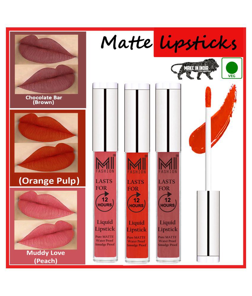     			MI FASHION Matte Lip Waterproof Long Stay Liquid Lipstick Orange,Brown Peach Pack of 3 9 mL