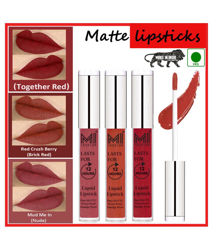     			MI FASHION Matte Lip Waterproof Long Stay Liquid Lipstick Brick Red,Red Nude Pack of 3 9 mL