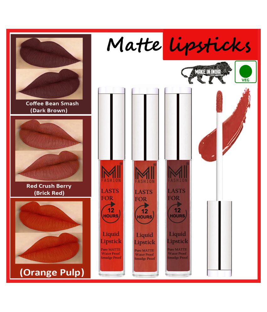    			MI FASHION Matte Lip Waterproof Long Stay Liquid Lipstick Brick Red,Coffee Orange Pack of 3 9 mL
