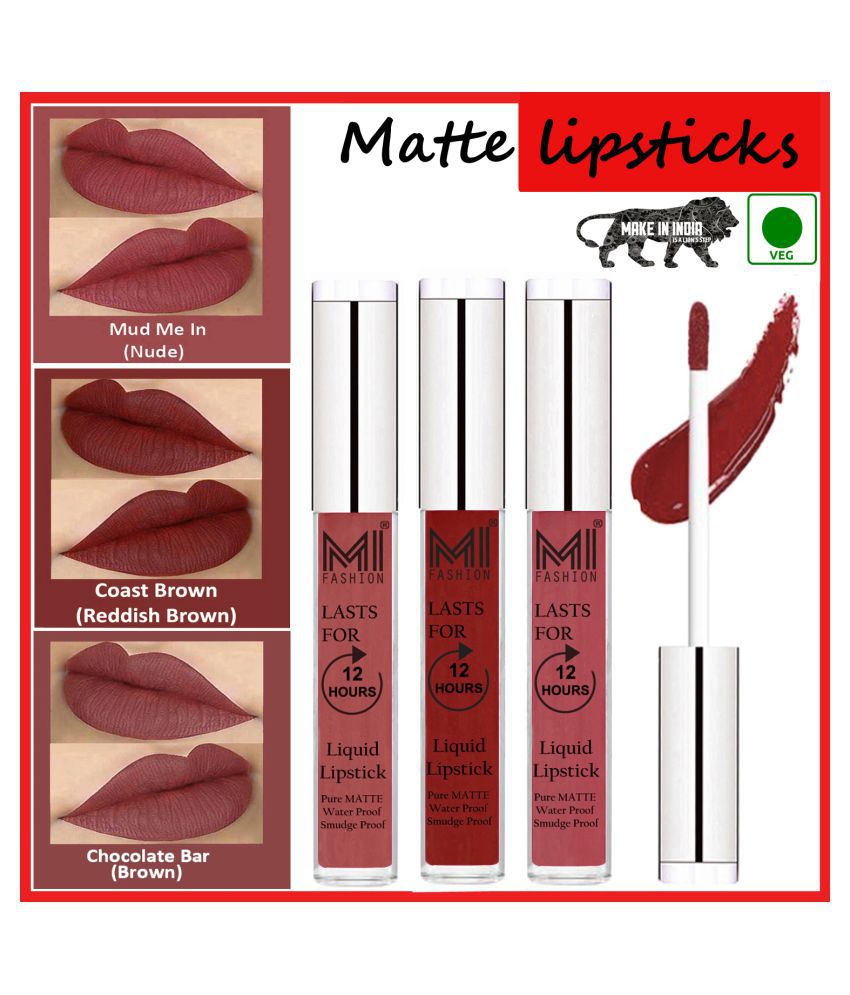     			MI FASHION Matte Lips Intens Color Payoff Liquid Lipstick Red Brown,Nude Brown Pack of 3 9 mL