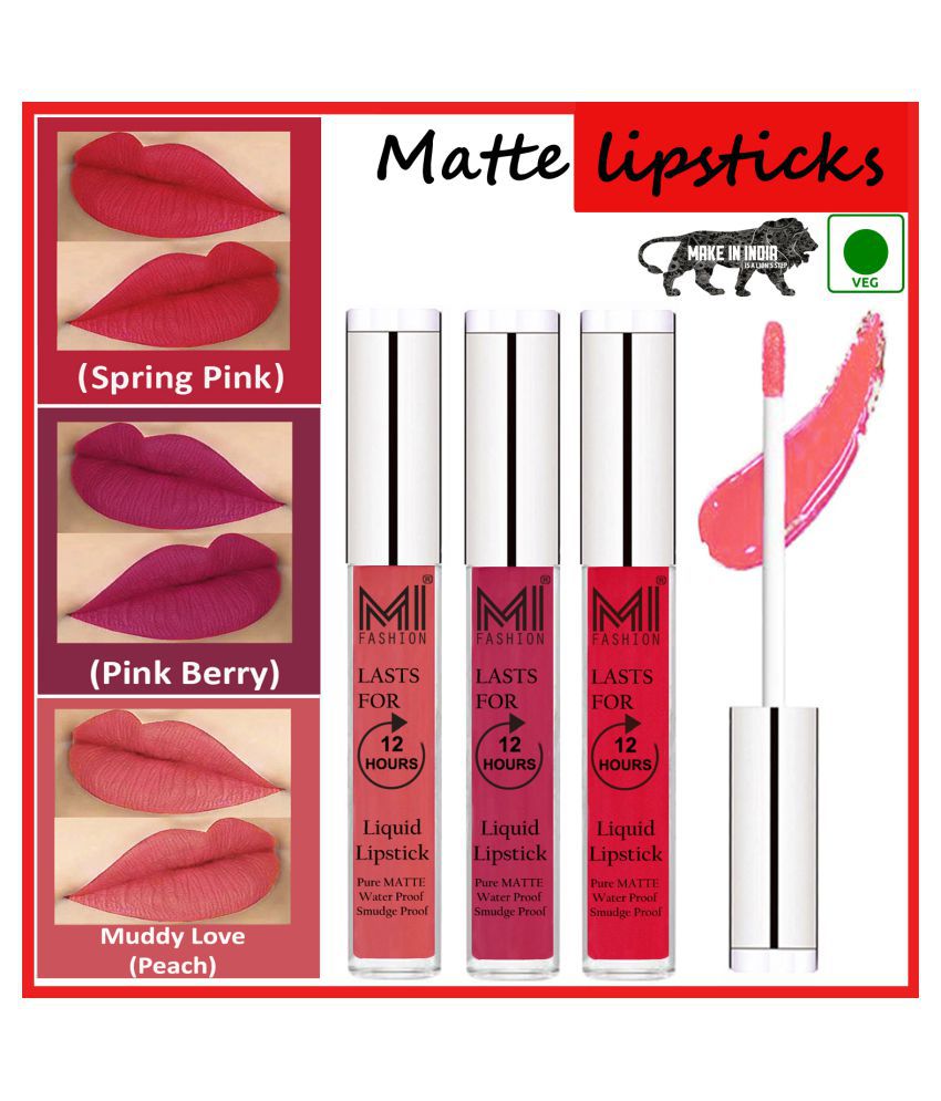     			MI FASHION Matte Lips Intens Color Payoff Liquid Lipstick Peach,Pink Pink Pack of 3 9 mL