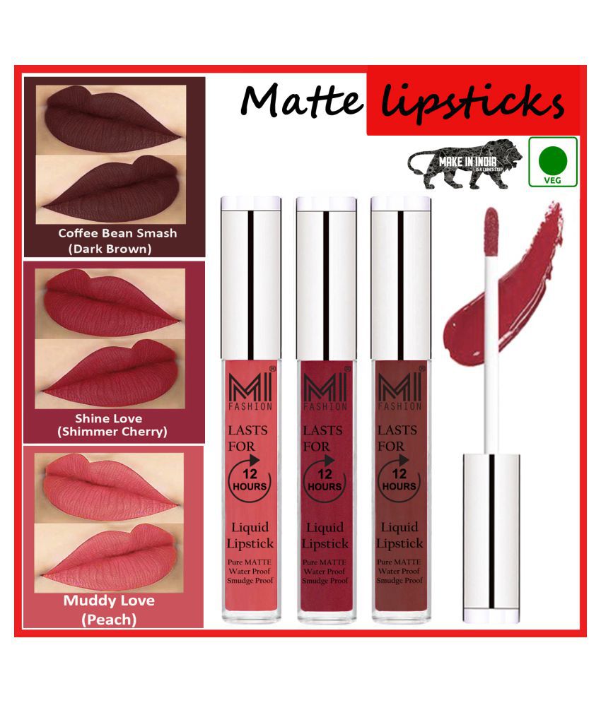     			MI FASHION Matte Lips Intens Color Payoff Liquid Lipstick Cherry Red,Coffee Peach Pack of 3 9 mL