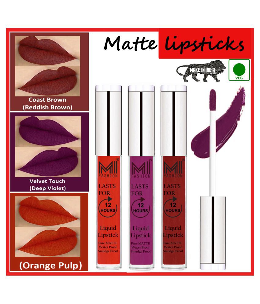     			MI FASHION Matte Lips Intens Color Payoff Liquid Lipstick Violet,Reddish Brown Orange Pack of 3 9 mL