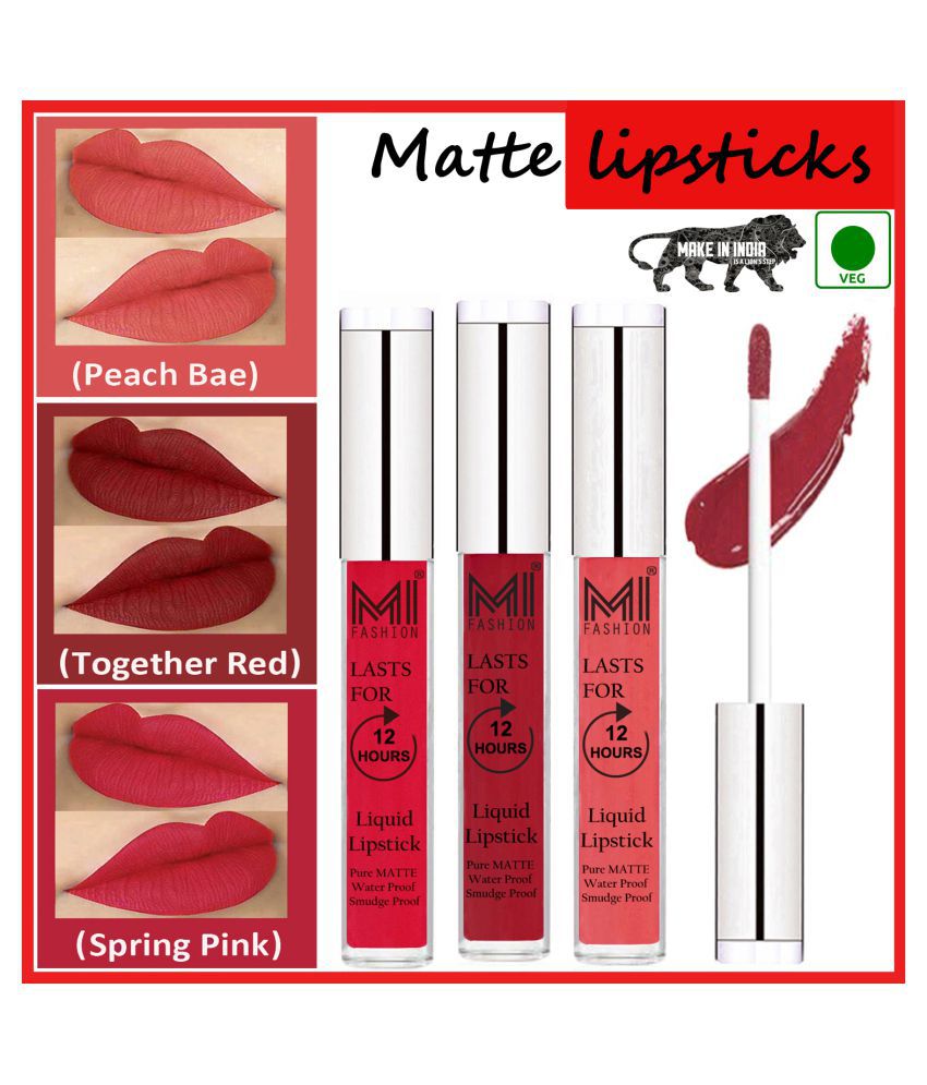     			MI FASHION Matte Lips Kiss Proof Vegan Liquid Lipstick Red,Peach Pink Pack of 3 9 mL