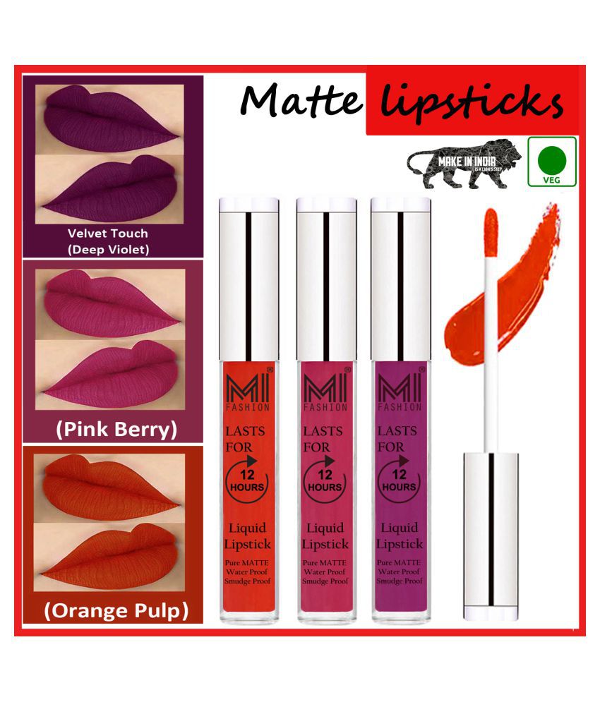     			MI FASHION Matte Lips Kiss Proof Vegan Liquid Lipstick Orange,Violet Hot Pink Pack of 3 9 mL
