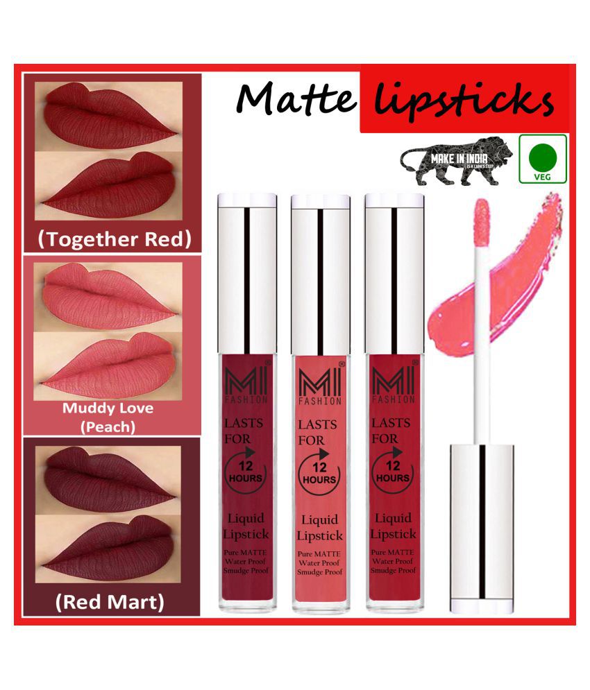     			MI FASHION Matte Lips Long Lasting Vegan Liquid Lipstick Peach,Red Red Pack of 3 9 mL