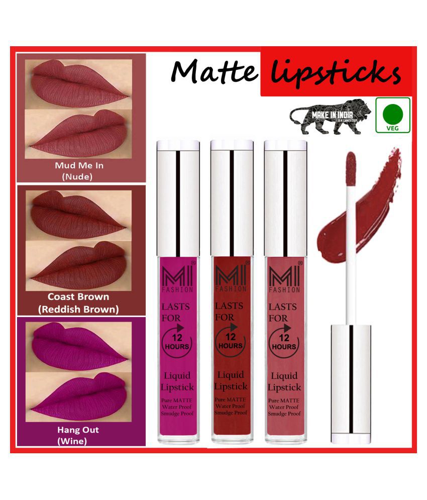     			MI FASHION Matte Lips Long Lasting Vegan Liquid Lipstick Red Brown,Nude Wine Pack of 3 9 mL