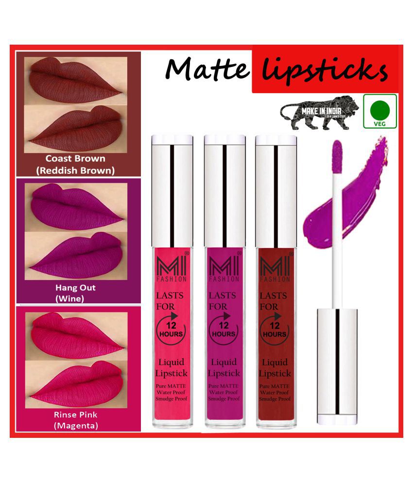     			MI FASHION Smudge Proof Matte Lips Liquid Lipstick Wine,Reddish Brown Pink Pack of 3 9 mL