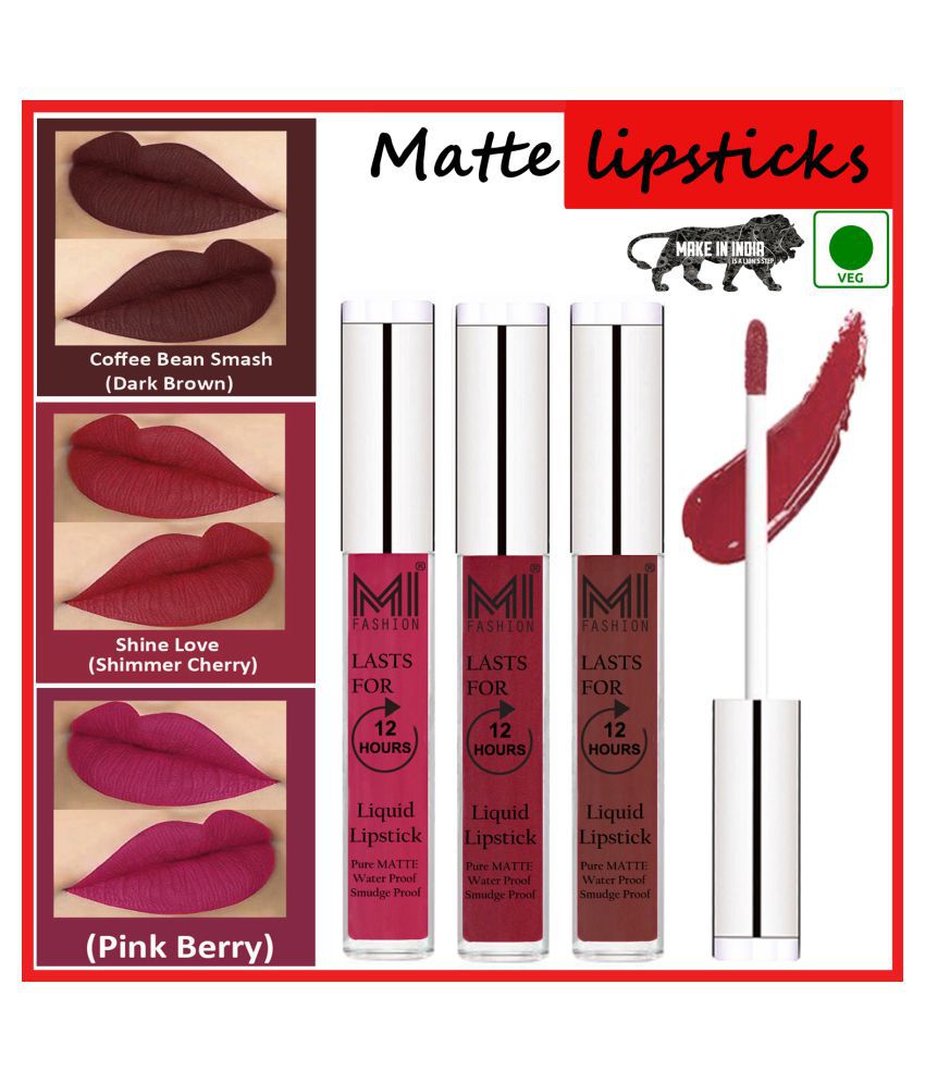     			MI FASHION Smudge Proof Matte Lips Liquid Lipstick Cherry Red,Coffee Hot Pink Pack of 3 9 mL