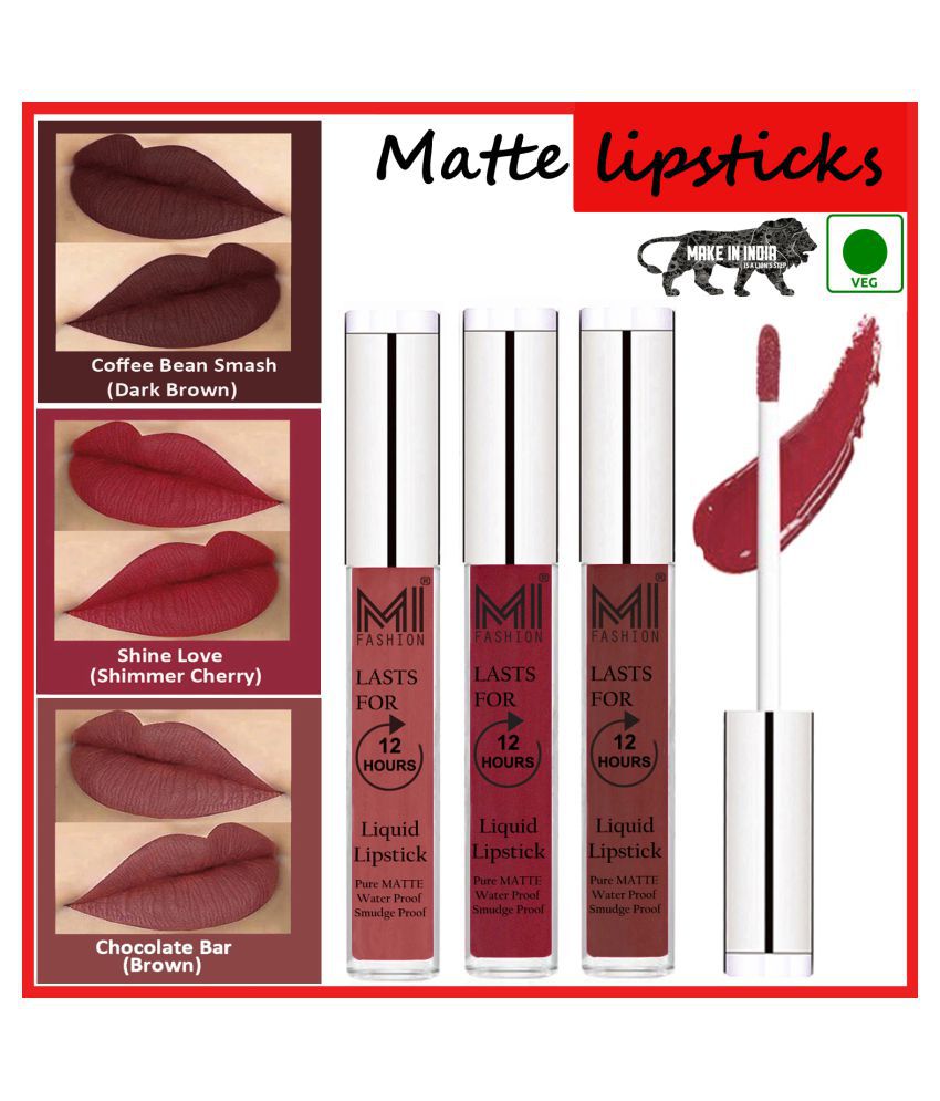     			MI FASHION Smudge Proof Matte Lips Liquid Lipstick Cherry Red,Coffee Brown Pack of 3 9 mL