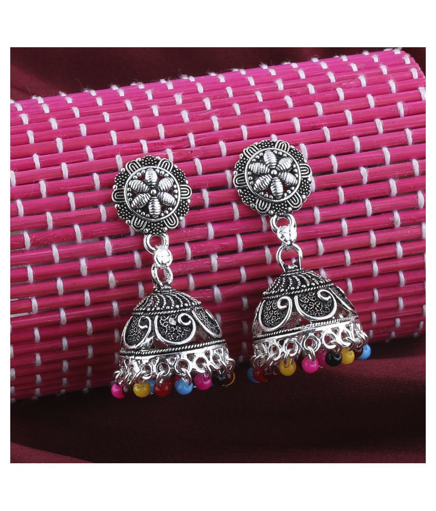     			Silver Shine Ravishing Multicolor Flower and Beads Jhumki Earrings.