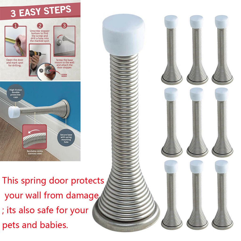 StyleZ 3PCS Silver Door Stop Brass Chrome Spring Stops Stopper with Fixing Heavy Duty RustProof Screws and White Rubber Bumper Top