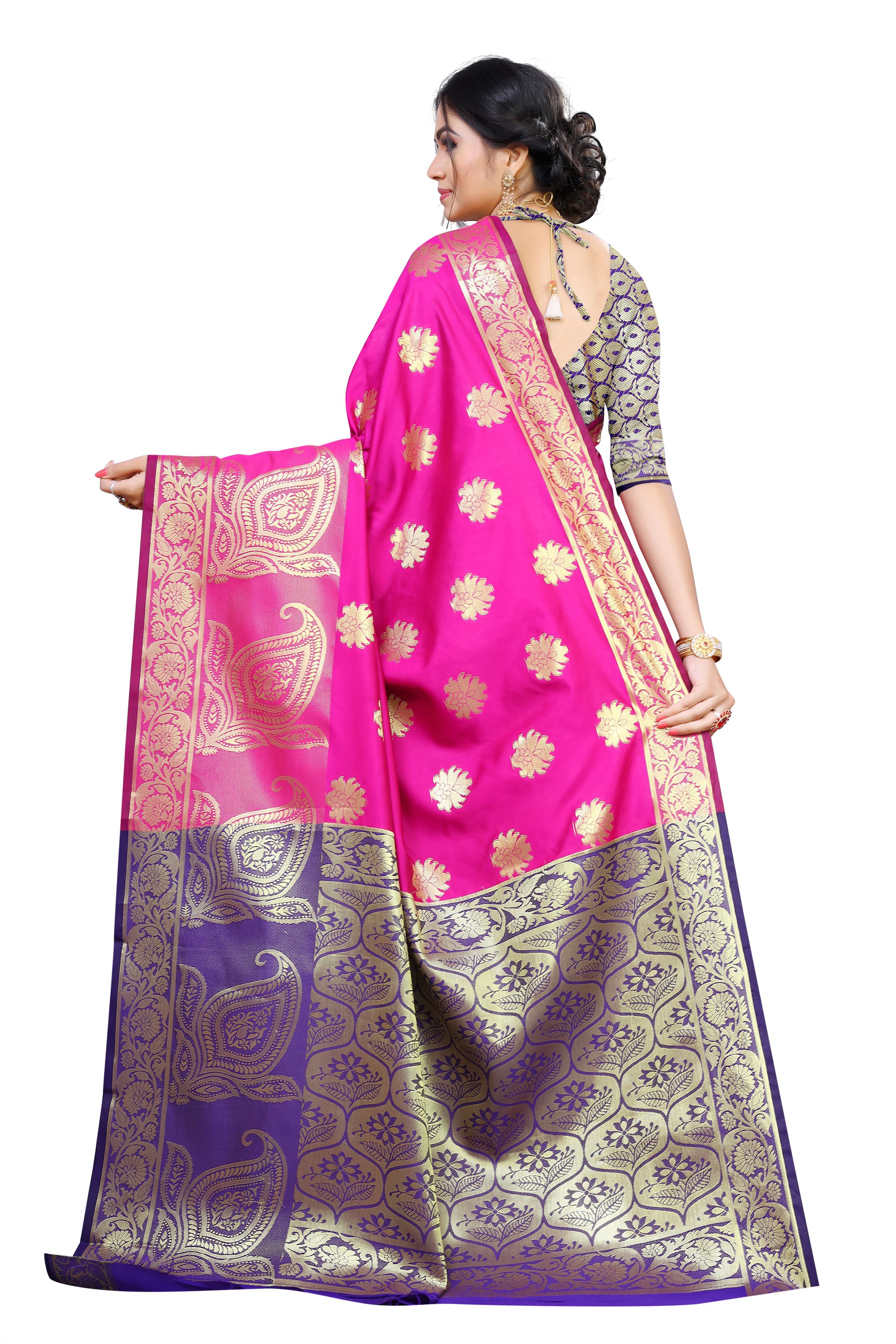 pink banarasi saree with blue blouse