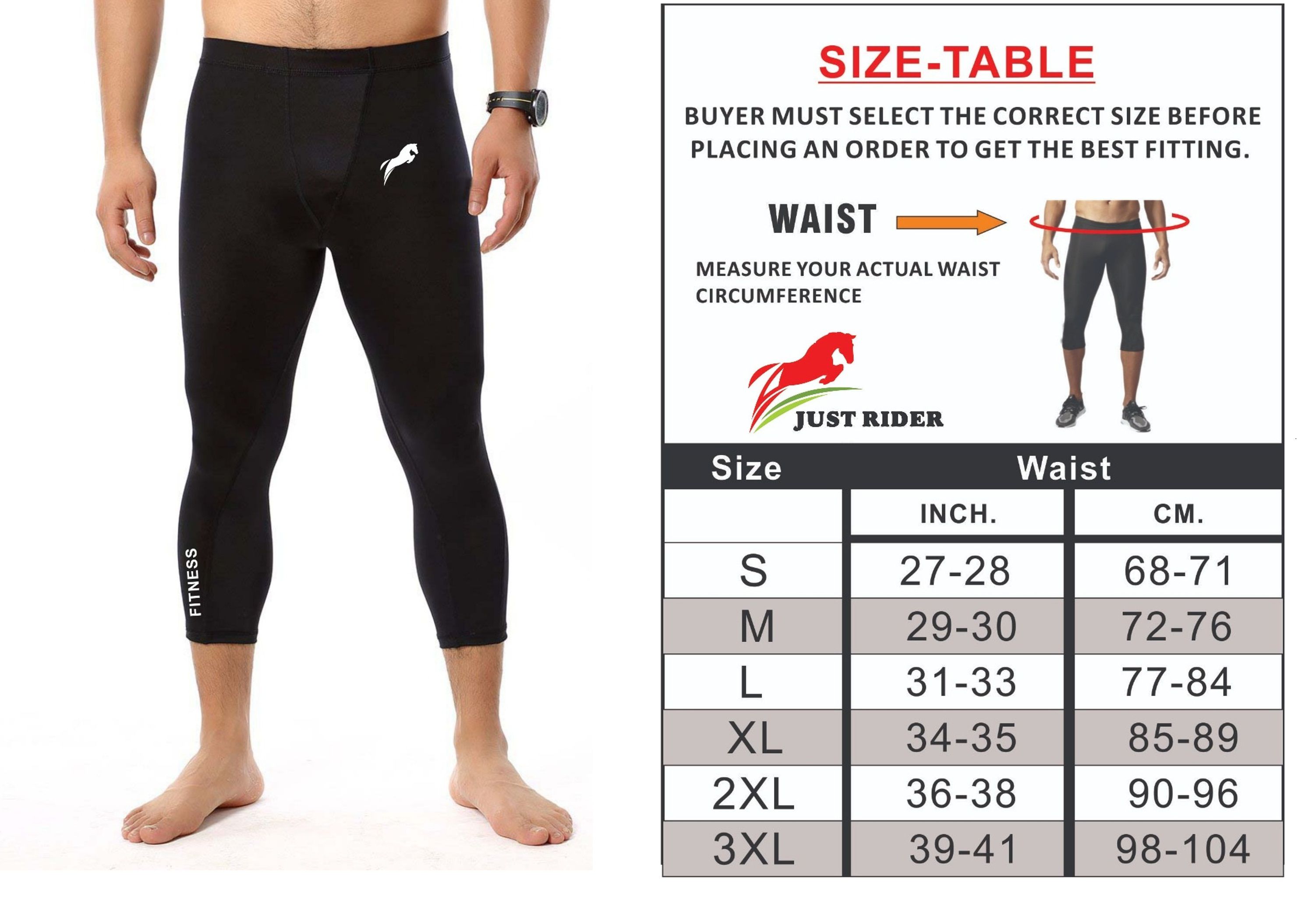     			Just Rider Quick Dry 100% Polyester Compression Men 3/4 Capri Pants. Leggings, Tights, Capri's, Pant for Men
