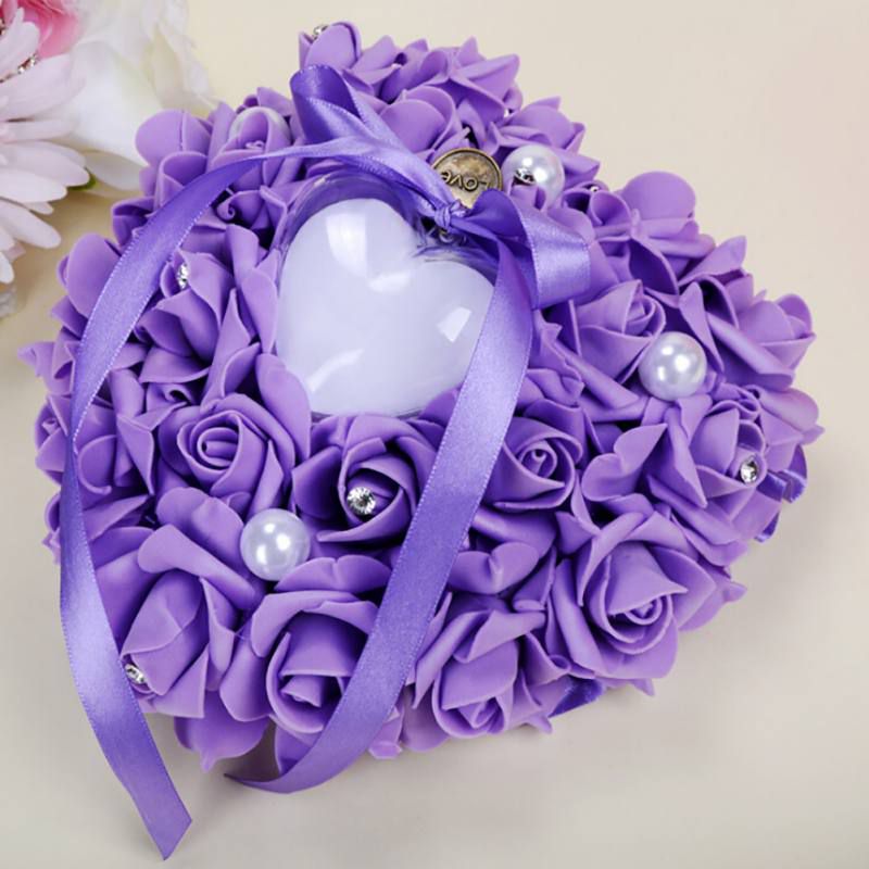Wedding Heart Design Roses Flower Rhinestone Ring Pillow with Plastic Ring Box 
